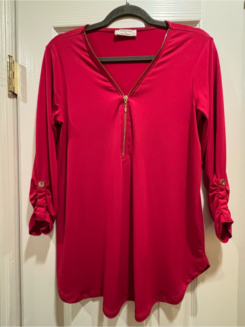 Zenana Outfitters Red Zip-Front Tunic with Gold Trim